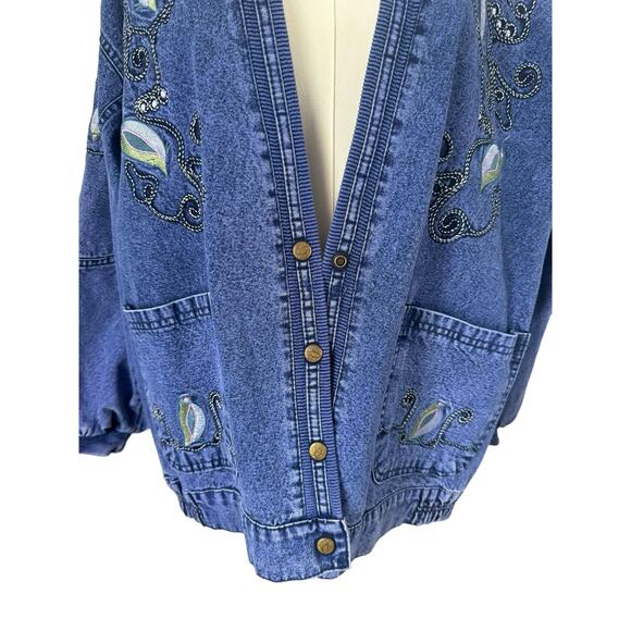 Vintage Embroidered Denim Jean Jacket Boho Chic Whimsical Artisnal Streetwear - Picture 5 of 15
